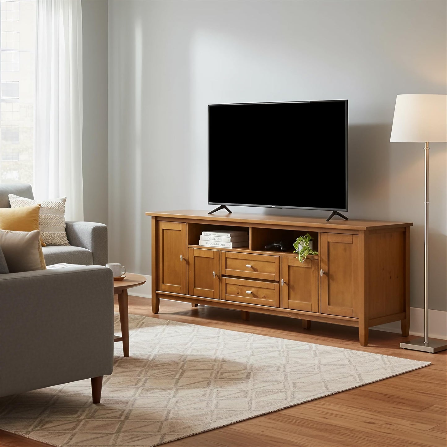 SIMPLIHOME Warm Shaker TV Stand - 72 inch Wide Solid Wood Media Console in Warm Honey Brown, Transitional Entertainment Center for Living Room for TVs up to 80 Inches with Cable Management