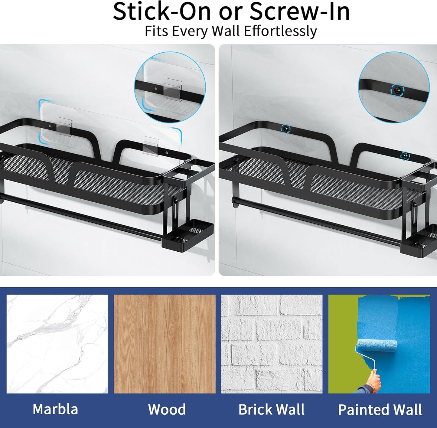 Taozun 4 Paper Towel Holder with Shelf & Side Straw Basket, Black Kitchen Paper Holder Spice Rack Black Paper Towel