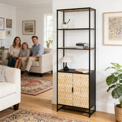 GOLGAILY 67" H x 24" W x 12" D 6-Tier Bookshelf with Storage, Black Natural Wood