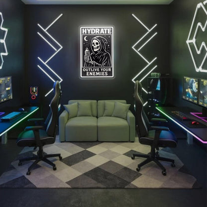 Grim Reaper "Hydrate" LED Neon Sign, Gothic Room Decor Aesthetic, Cool Neon Signs for Gaming Room, White Dimmable Acrylic Light with Printed Skeleton Art, 16.53x11.22"