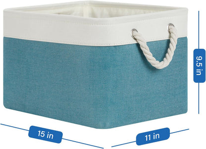 Temary Fabric Storage Baskets 4 Pack, Decorative Bins with Rope Handle for Gift, Clothes, Blankets (White & Teal,