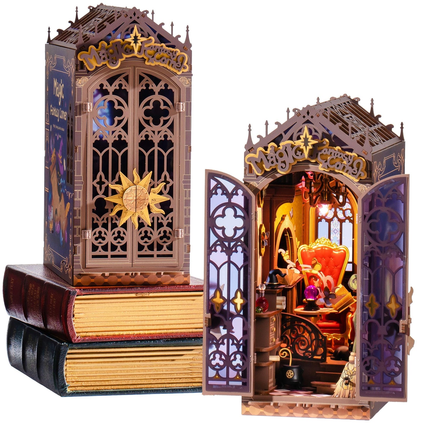 Rolife LED Book Nook Kit Magic Fantasy Corner, DIY Booknook Kit 3D Creative Decorative Bookend Bookshelf Insert, Halloween/Christmas Decorations/Gifts for Adults (Magic Fantasy Corner)