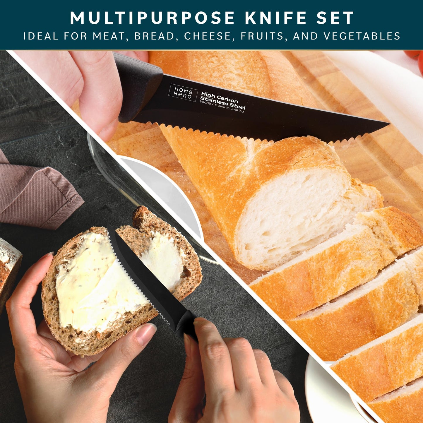 Home Hero High-Carbon Stainless Steel Steak Knife Set - Sharp Serrated Knives & Nonstick Coating - Ergonomic TPR-Coated Handles - Rust-Resistant Blades & Hand Wash - 8-Piece Set, Black