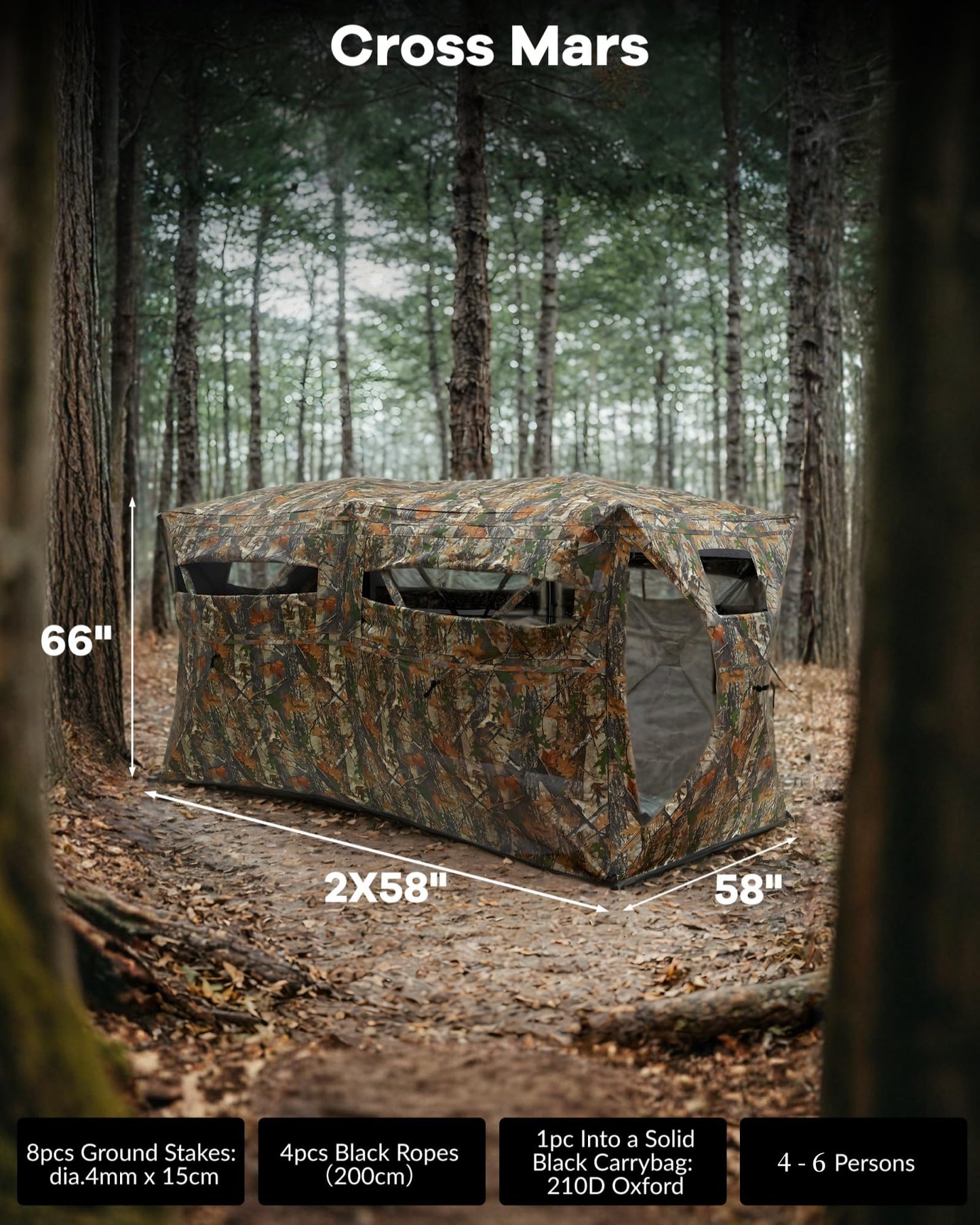 Hunting Blind 270 Degree See Through Ground Blind for Turkey Deer Hunting, 4-6 Person Camouflage Pop Up Hunting Blinds Ground Waterproof Portable Concealed Shelter with Silent Door and Carrying Bag