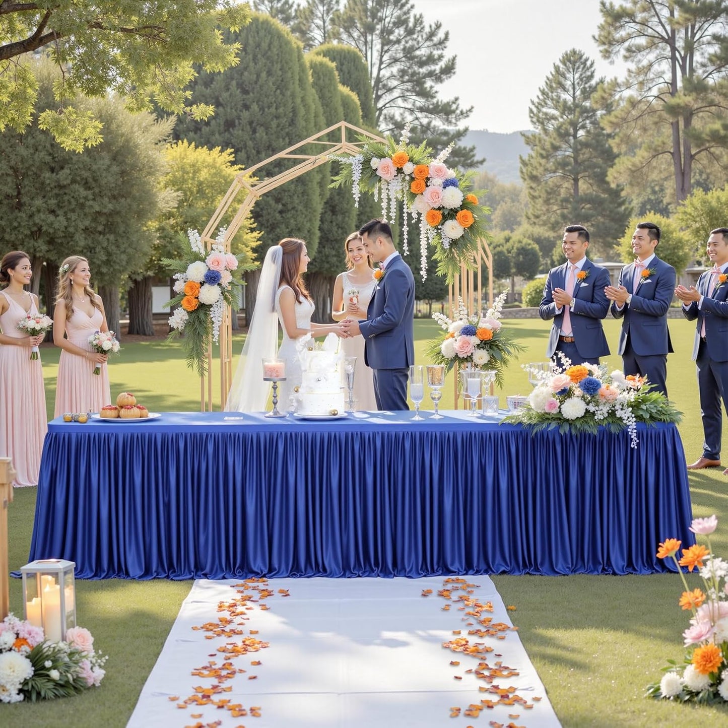 156inch 8ft(Cover 13ft Royal Blue Polyester Table Skirts for Rectangle Tables Front&Both Sides), Wrinkle Free Pleats