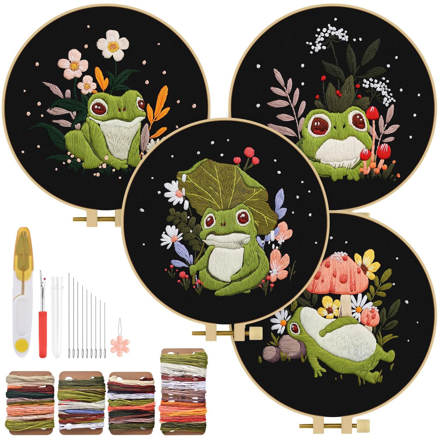 TINDTOP 4 Pack Embroidery Kit for Adult, Embroidery DIY Starter Kit, with Stamped Patterns, Hoop, Tools, Colorful Threads with Needles, Instructions