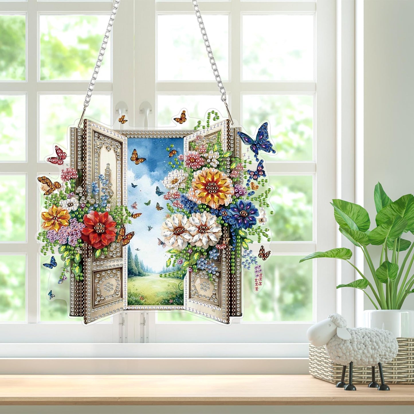 Bowetile Garden Scene Diamond Art Hanging Kits for Adults, Diamond Art Suncatchers Enchanted Flower Door, 5D Special Shape Diamond Painting Pendant Window Ornament Gifts for Home Wall Decor