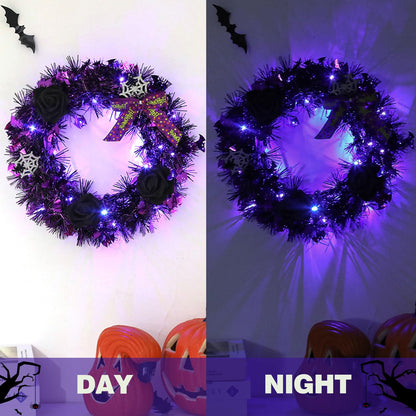 Halloween Wreath for Front Door with Lights,13 Inch Spider Web and Black Rose Wreath Halloween Decorations for Indoor Window Party Holiday Wall Home Decor (Spider Web)