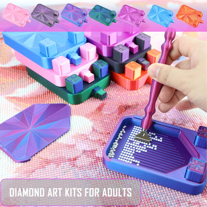 Diamond Painting Tray with Lid and Tweezer, Rhinestone Storage Tray with Lid & 2 Storage Bucket Design, Easy Pour Bead Tray, Diamond Art Kits for Adults, Diamond Art Accessories Tools (Black Purple)