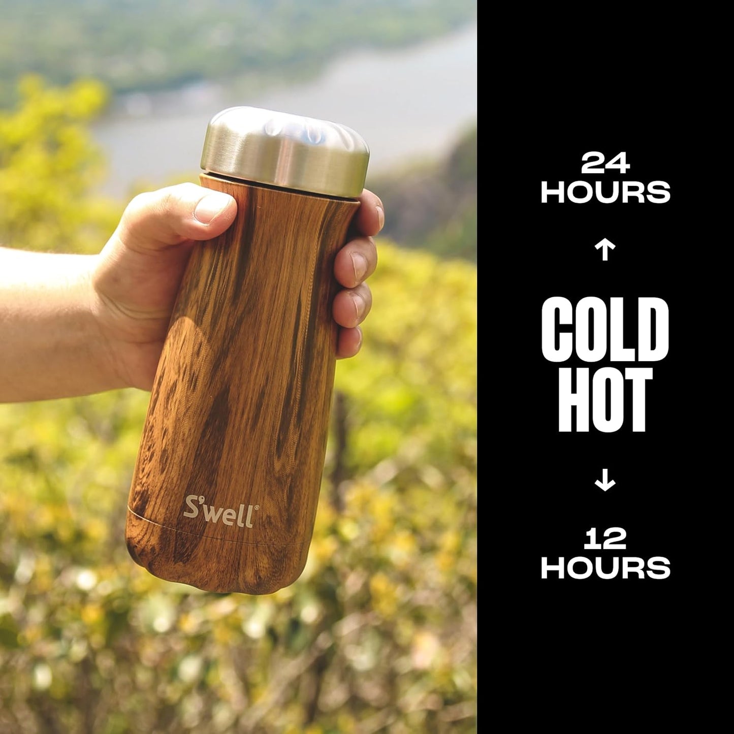 S'well Stainless Steel Traveler, 16oz, Teakwood, Triple Layered Vacuum Insulated Container Keeps Drinks Cold and Hot