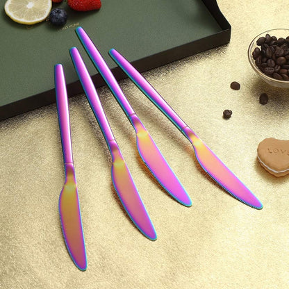 HOMQUEN Rainbow Dinner Knives, 4 Pieces, 9" Stainless Steel Modern Design with Colorful Titanium Plating