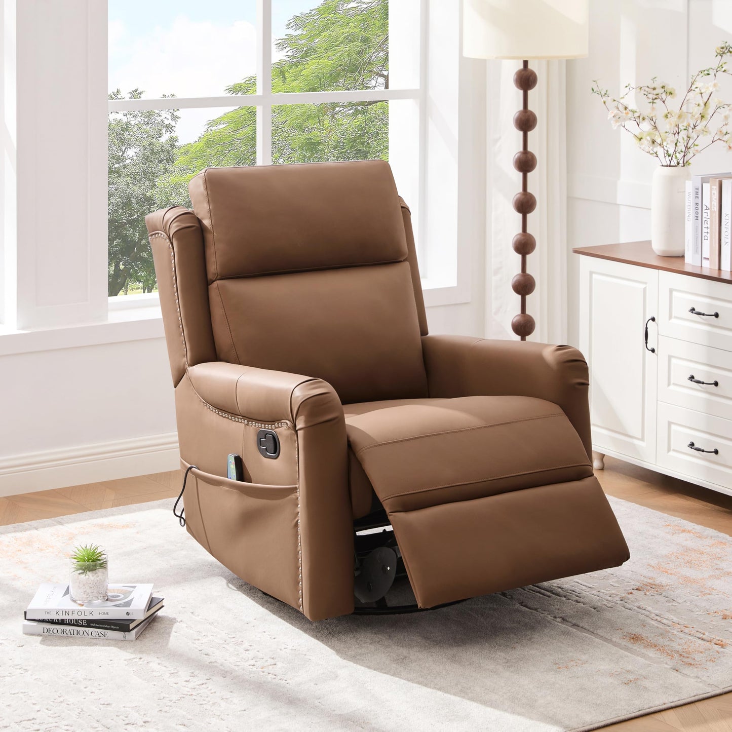 Christopher Knight Home Bailey American Massage Chair Recliner, Manual Swivel Rocker Recliner Chair with Massage and Heat, PU Leather Recliner Chair for Adults, Easy Move Design for Home Office, Brown