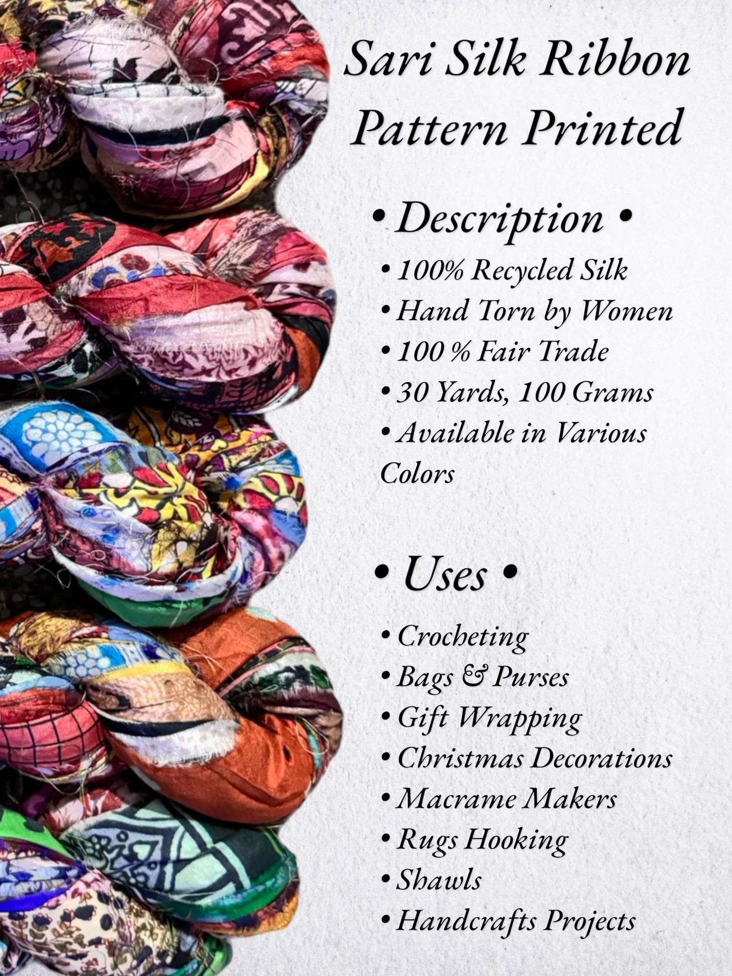 Maker's Craft Pattern Printed Sari Silk Ribbon Yarn 50 Yards, 100Grams for DIY, Knitting, Crocheting, Gift Wrapping, Christmas Decoration, Macrame Makers, Jewelry Making, Rugs Hooking