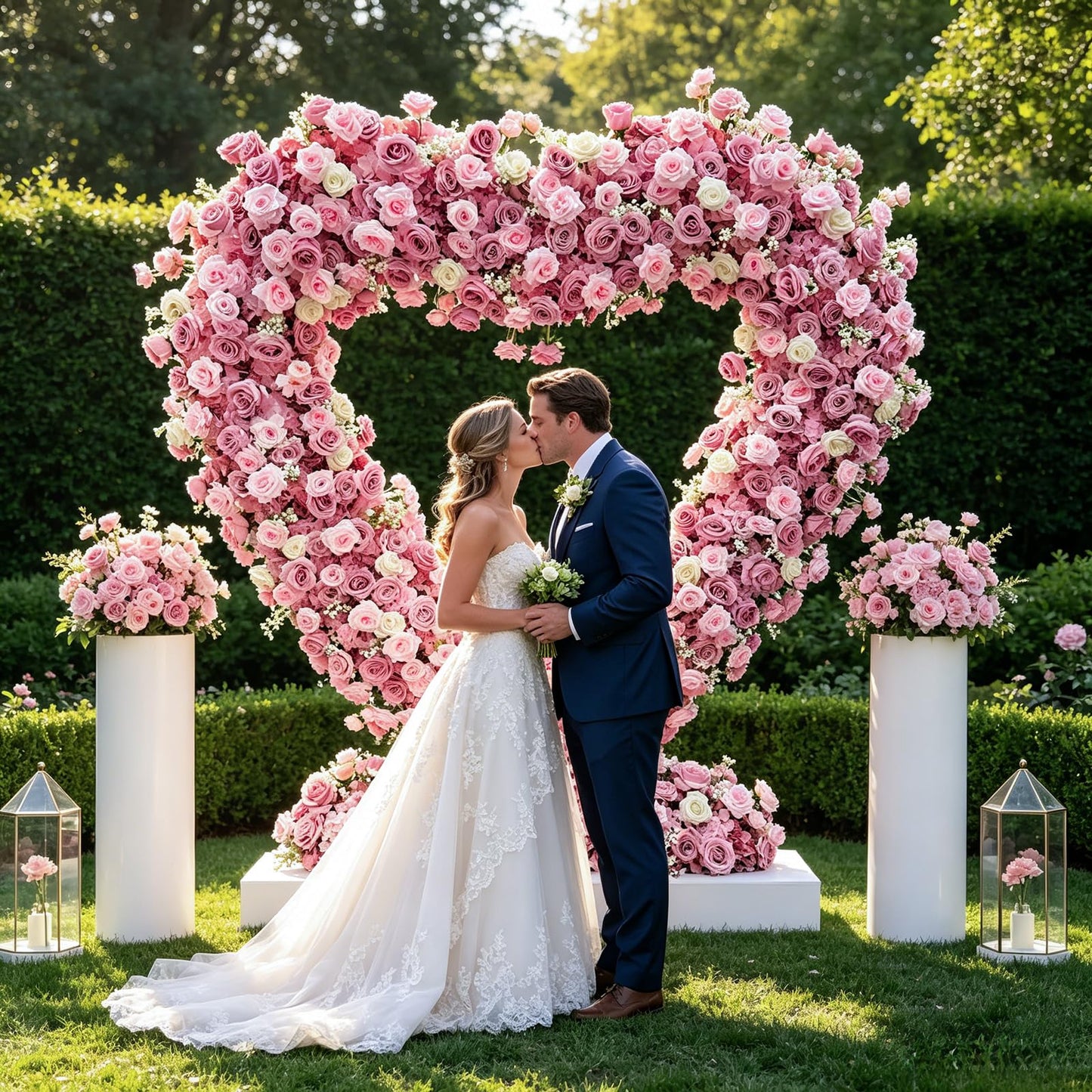 6.56x6.56ft Heart-Shaped Artificial Flower Arch Backdrop with Fabric Base, Floral Decor for Wedding Arch, Ideal for Birthday Banquets & Outdoor Party Scene Decoration (Pink, Arch Frame Not Included)