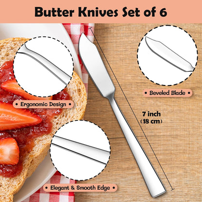 E-far 6 Pack Butter Spreader Knife Set, 7-Inch Stainless Steel Cheese Dessert Knives for Kitchen and Parties