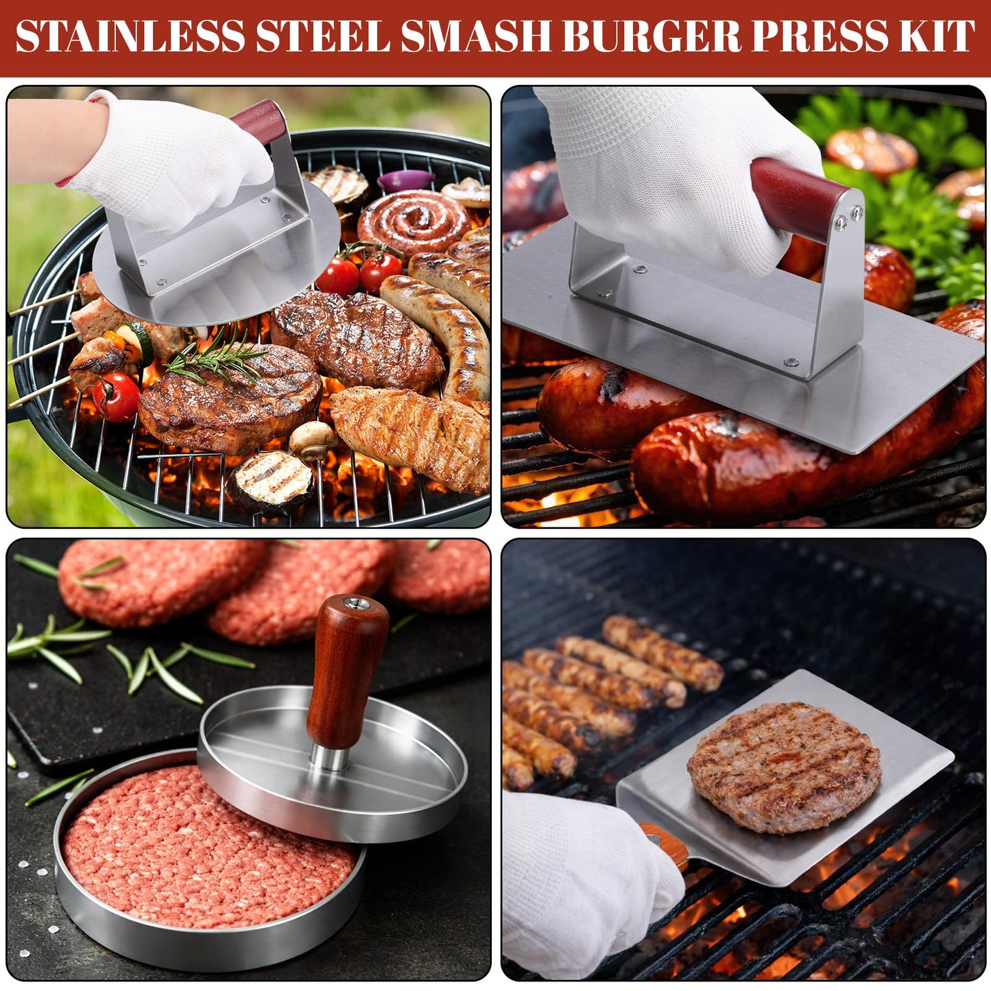 Acellegic 6 Pcs Smashed Burger Press Kit, 6.3" Round & 8" x 4.3" Rectangle Stainless Steel Burger Press for Meat, Patty Maker Spatula Seasoning Shaker Patty Paper for Cookout, BBQ, Griddle, Grill