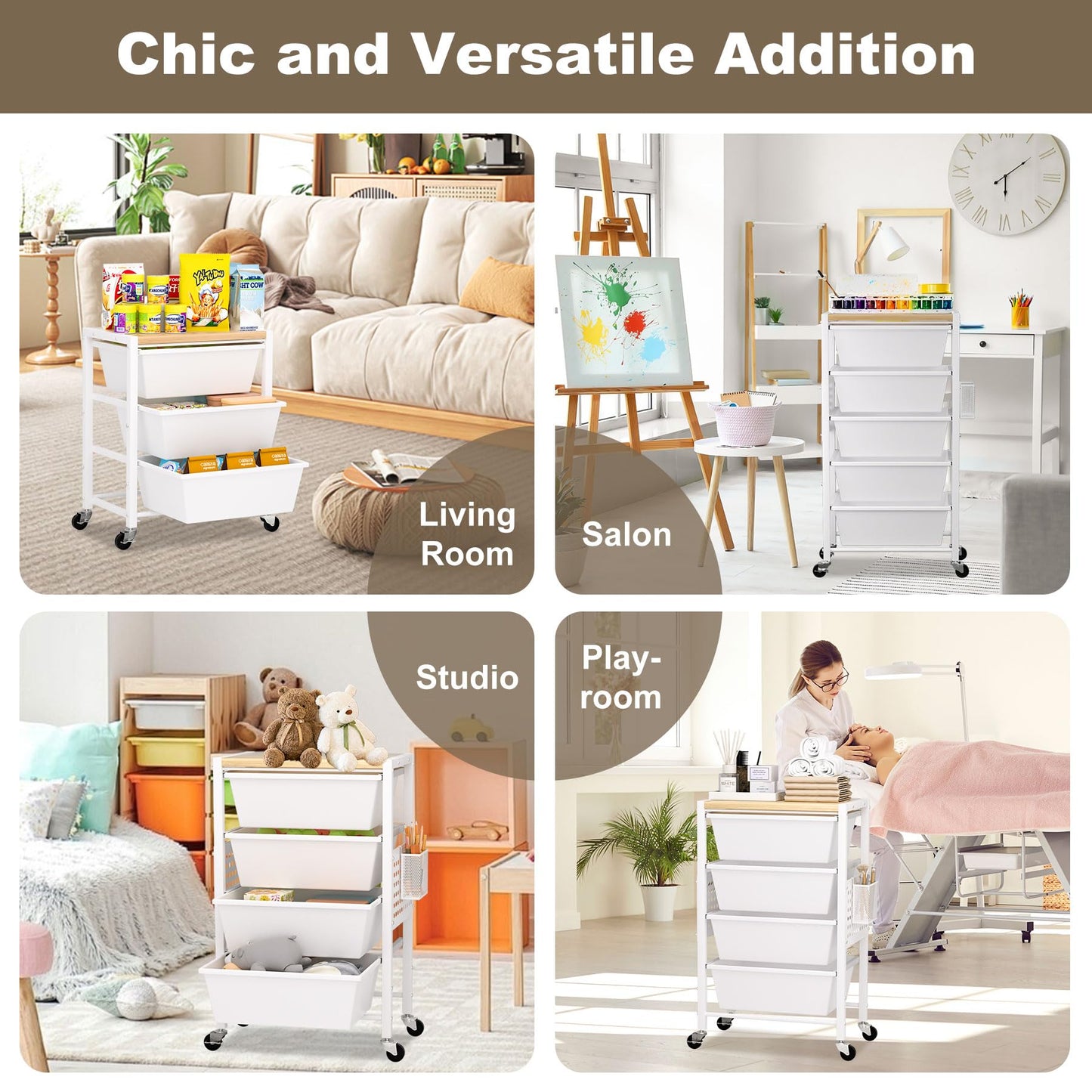 Rolling Cart with Drawers, Rolling Storage Cart with 5 Large Plastic Drawers & Wooden Tabletop, Utility Cart with Pegboards & Basket, Storage Drawers Cart for Living Room, Classroom, Bedroom, Office