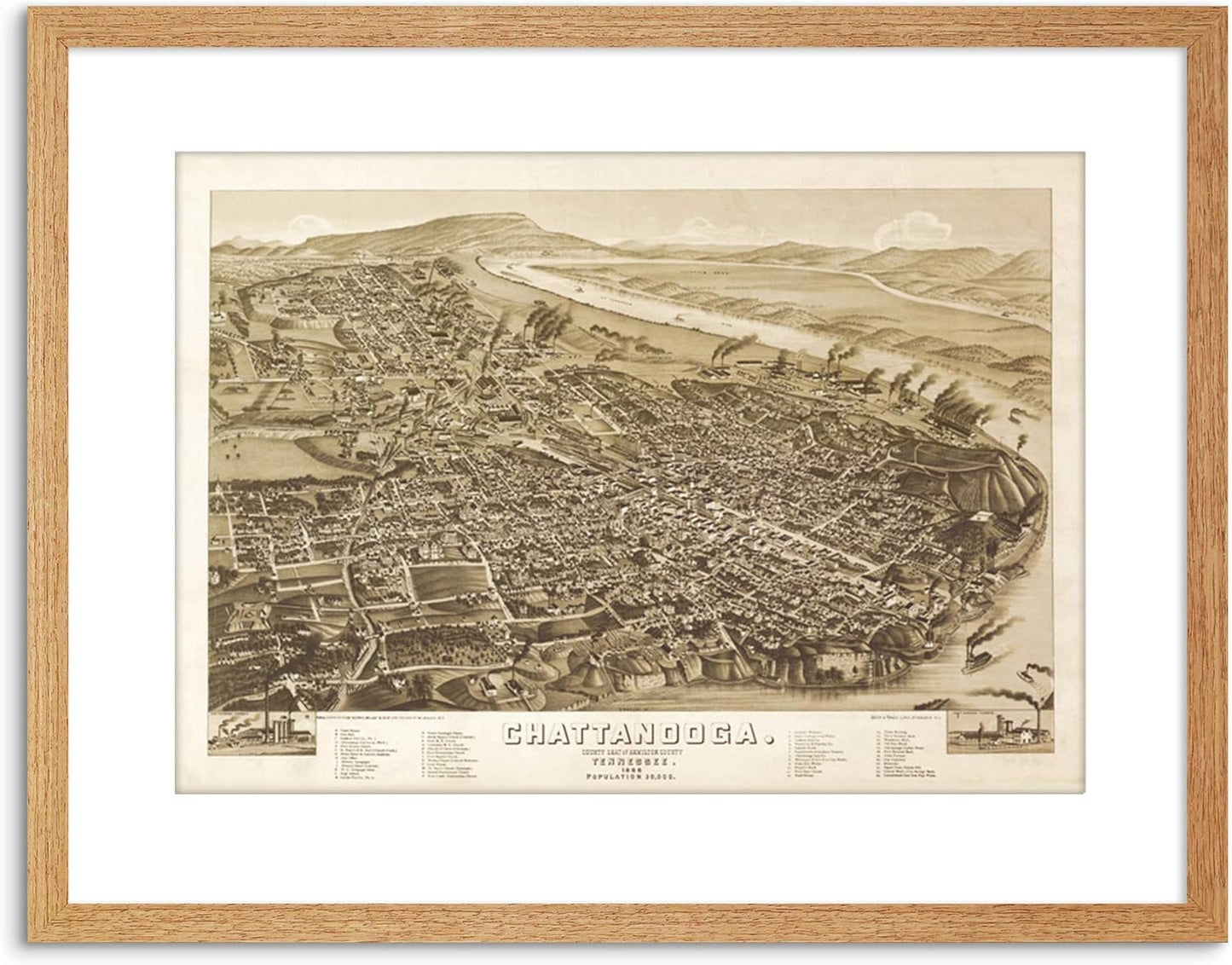 MAP Chattanooga Tennessee 1886 Framed Art Print Poster, F97X11917