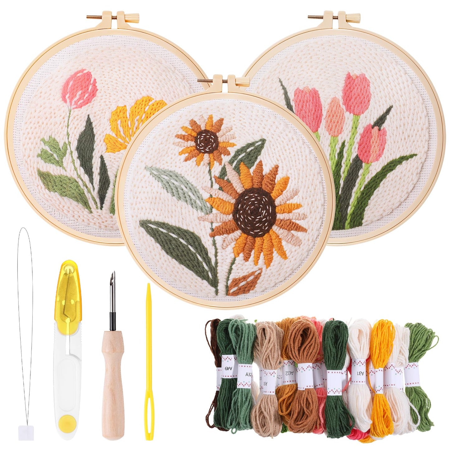 HANLANXUE Punch Needle Kit Adults Beginners, 3 Pcs DIY Easy Flower Embroidery Set for Starter Art Craft, Needling Punching Project with Patterns, Tools, Yarns, Hoop, Instruction
