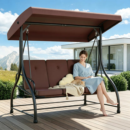 3 Seat Outdoor Porch Swing with Stand, 760 lbs Capacity Heavy Duty Patio Glider Swings for Adults, Convertible 2 in 1 Patio Swings Bed with Adjustable Canopy & Thick Cushions for Garden Yard