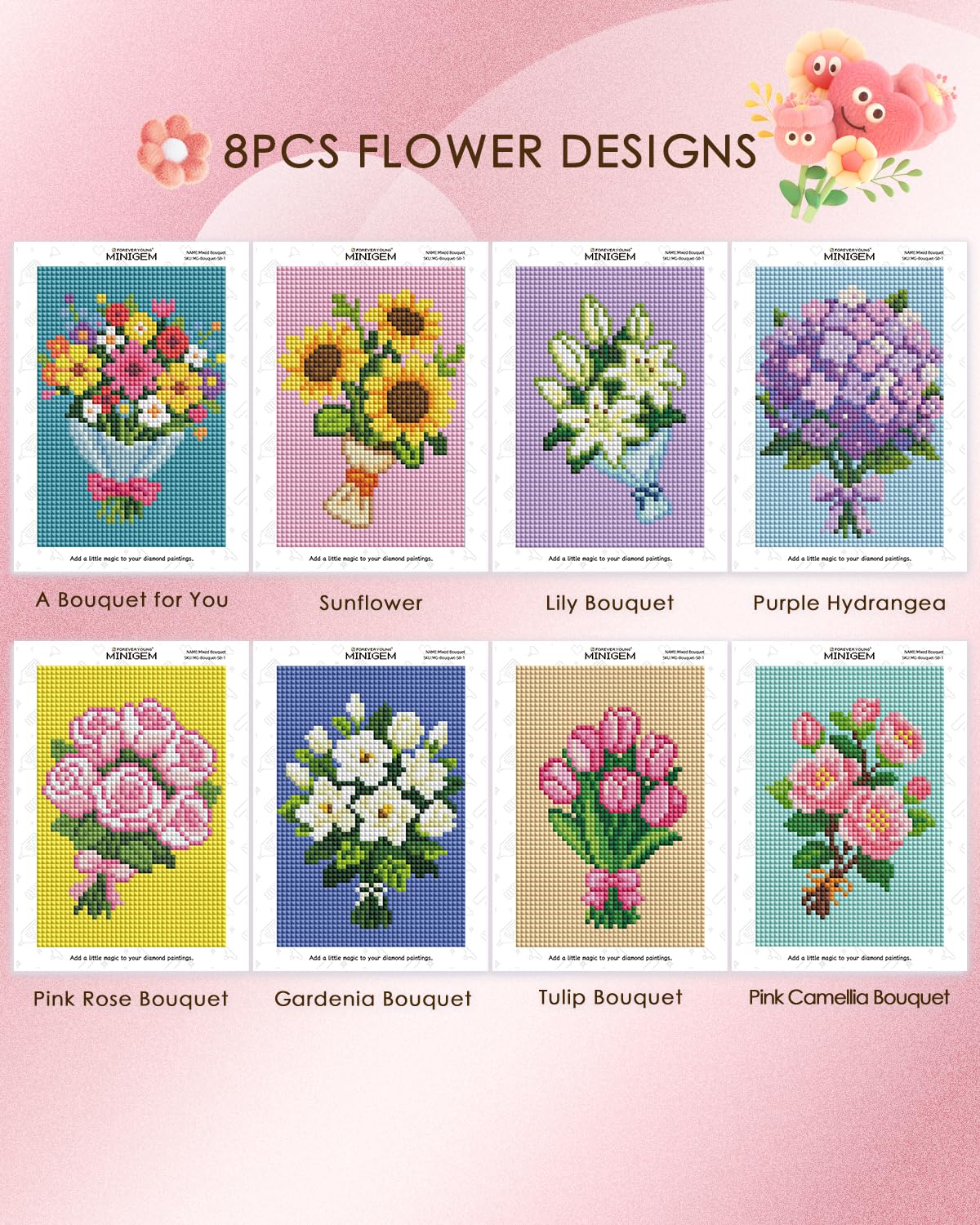 forever young Minigem Diamond Art Flowers Kits for Beginners, 8 Pcs Flower Resin Square Drill Diamond Painting Kits for Adults, 2-Hour Canvas Flower Small Diamond Art Kits for Adults (5x7 Inch)
