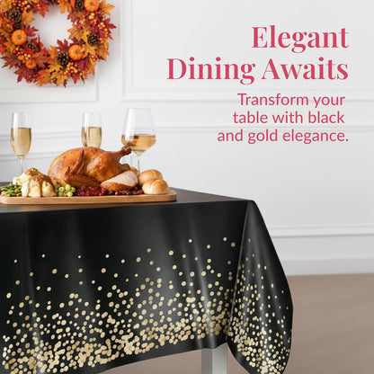 Prestee Gold & Black Rectangle Table Covers | 4 Pack Disposable Plastic Tablecloths - 54 x 108 Inches for Parties & Events