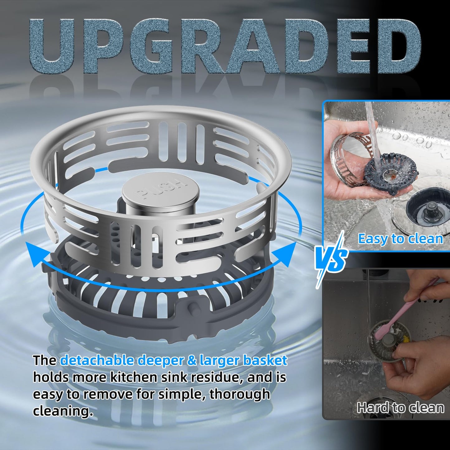 Hibbent Upgraded 3 in 1 Kitchen Sink Drain Strainer, Stainless Steel Pop Up Sink Stopper, Larger Anti-Clogging Basket, 3-Layer Seal, Detachable Drain Plug for US Standard 3-1/2" Drain, Brushed Nickel
