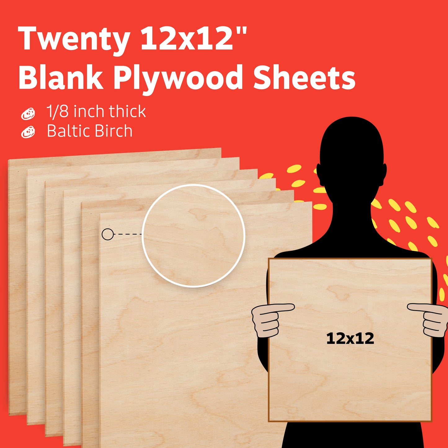 Artlicious 20 Pack Baltic Birch Plywood 12 x 12 Inch 1/8 Inch - 3mm Thin Birch Plywood Sheets for Laser Cutting and Engraving - Thin Wood Sheets for Glowforge, Cricut, Scroll Saw & Crafts