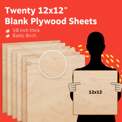 Artlicious 20 Pack Baltic Birch Plywood 12 x 12 Inch 1/8 Inch - 3mm Thin Birch Plywood Sheets for Laser Cutting and Engraving - Thin Wood Sheets for Glowforge, Cricut, Scroll Saw & Crafts