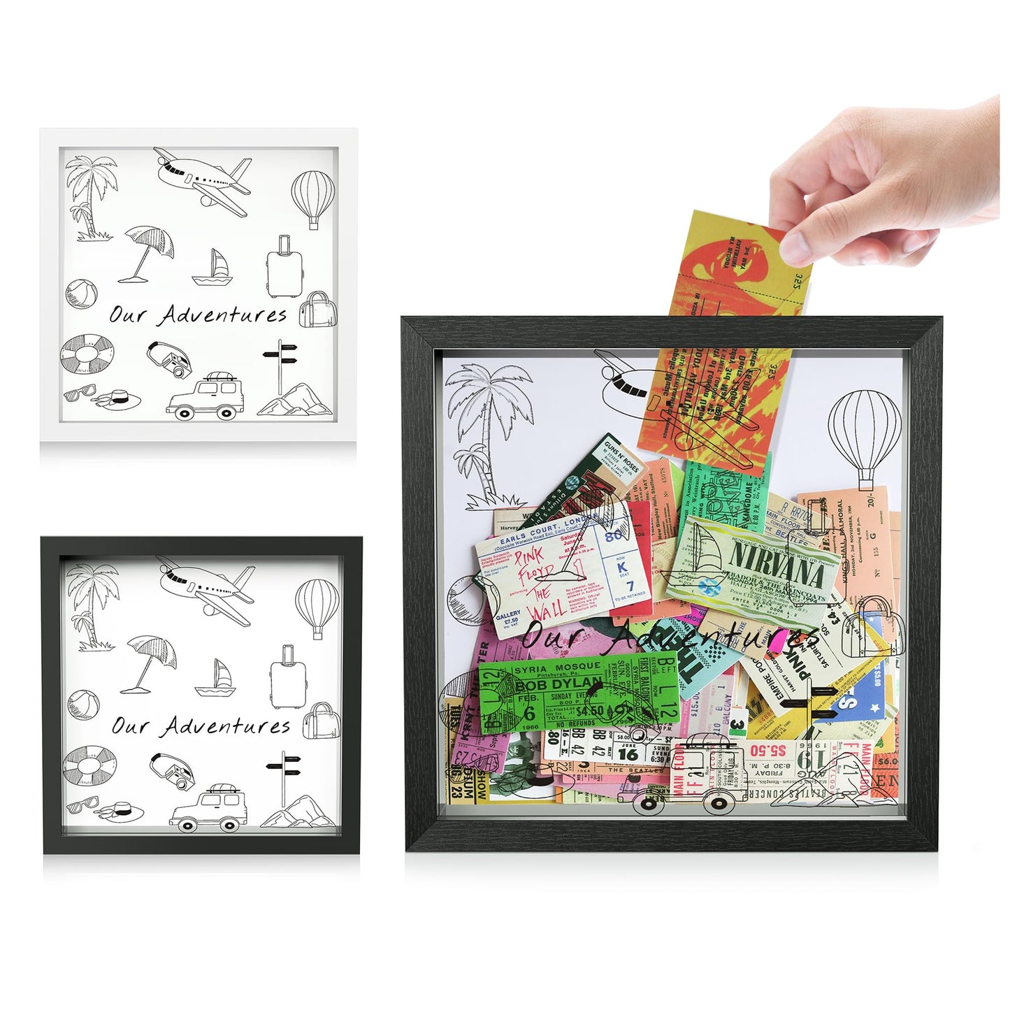 Jackma Travel Tickets Collection Shadow Box Frame, Funny Display Box for Collecting Tickets of Sporting Travelling Events – Piggy Bank Frame Memory Box with Slot on Top, Black 12x12”