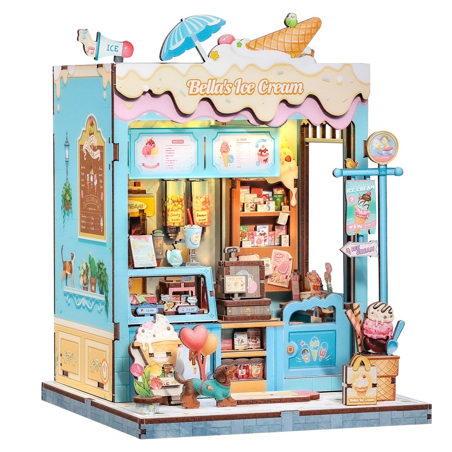 Cutefun Book Nook Kit - DIY Miniature Dollhouse Kit for Adults and Teens, 3D Wooden Puzzle Bookshelf Insert Decor with LED Light, Gifts for Book Lovers and Beginners (Bella's Ice Cream)