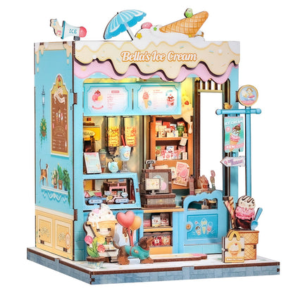 Cutefun Book Nook Kit - DIY Miniature Dollhouse Kit for Adults and Teens, 3D Wooden Puzzle Bookshelf Insert Decor with LED Light, Gifts for Book Lovers and Beginners (Bella's Ice Cream)