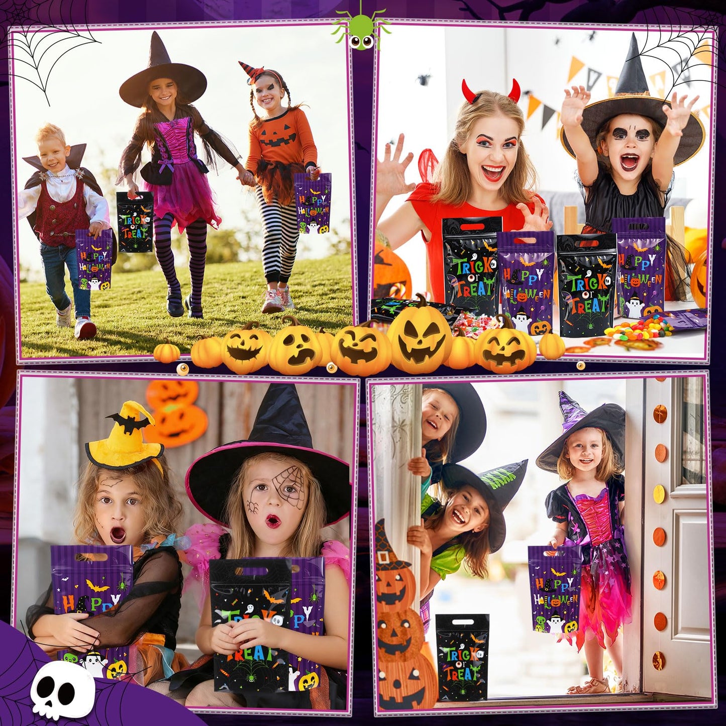 Pajean 50 Pcs Halloween Goodie Bags with Zipper Resealable Plastic Trick or Treat Candy Gift Bags Cute Ghost Pumpkin Skeletons Sealing Pouches for Halloween Party Favors Wrapping Supplies Decorations