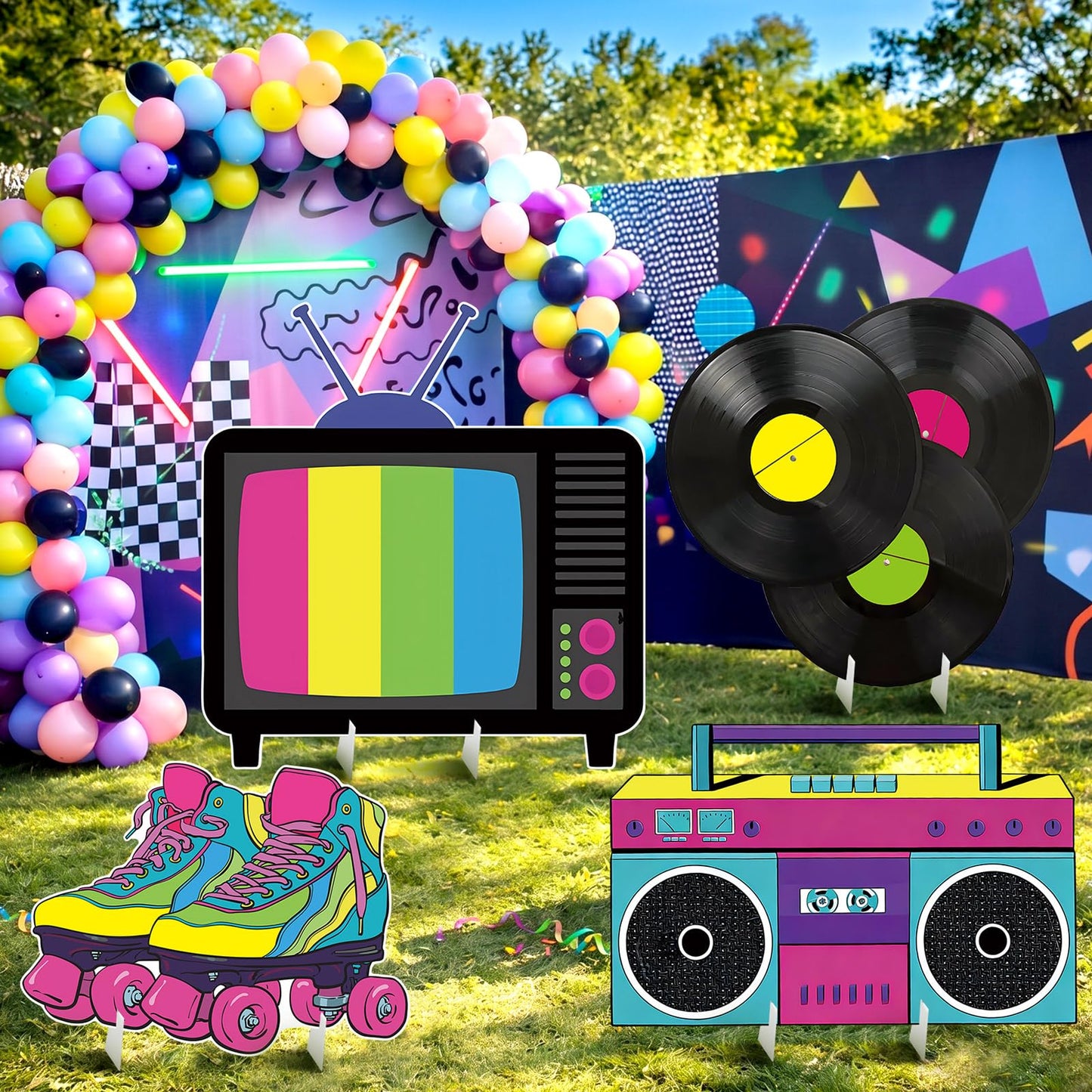 BrightRow 4 Pcs Large 80s Birthday Party Decoration, 23.62 Inch 90s Photo Props, Retro Cardboard Cutout, TV Roller Skates Radio Records Yard Sign for Birthday Supplies Hip Hop Music Theme Accessories