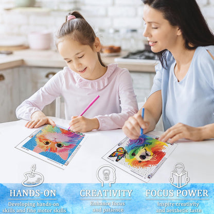 geesfayan 4 Pack Diamond Art Kit for Kids 6 Inch DIY Animal Gem Art with 4 Tools Sets, Gem Painting for Beginners, Creative Craft Gift for Teens & Kids(Tiger Leopard)