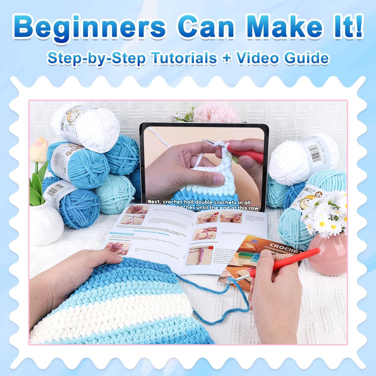 Reessy Crochet Blanket Kit for Beginners Adults – Gradient Blue Ombre Throw Blanket Kit with Soft Chenille Yarn, Hooks & Instructions – Handmade Crochet Starter Set for Adults