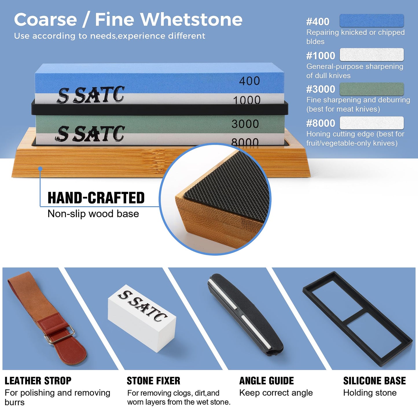 S SATC Knife Sharpening Stone Whetstone 4 Side Grit 400/1000 3000/8000 Stone Knife Sharpeners with Nonslip Rubber Bases, Wood Base, Flattening Stone, and Leather Strop