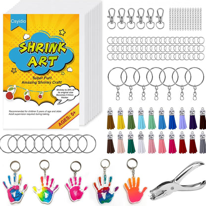 Csyidio 251 PCS Shrink Dink Keychain Kit Includes 20 Sheets Shrink Plastic Sheets, Hole Punch, Tassels, Lobster Clasps, Keychain Clip, Jump Rings, Key Ring, Great for DIY Fathers Day Crafts