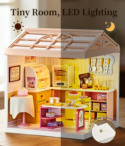 Tkmango Bakery Shop DIY Miniature House Kit with Roof & LED Light, Stackable & Connectable Dollhouse Kit with Dustproof Door, Creative DIY Crafts Building Toy Gift for Adults Teens