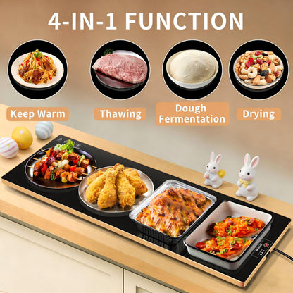 Electric Warming Tray (Extra Long 40”x12”), Warming Mat For Food with Thermostat & Full Surface Heating, Food Warmers For Parties Buffet & Gatherings, Temperature Adjustable Tempered Glass Warming Mat