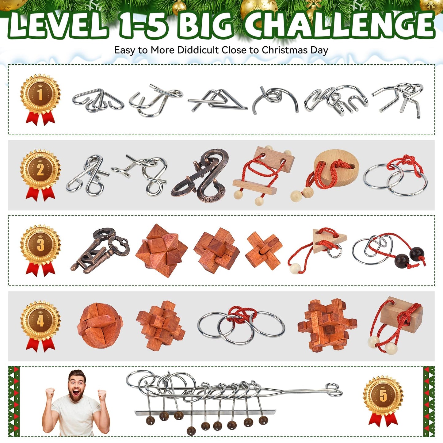 Advent Calendar 2025 Brain Teaser Puzzles for Adults Teens Kids, 24 Pcs Metal & Wood Puzzle Christmas Countdown Calendar with Fun Challenges Toys Game, Xmas Gifts for Boys Girls Teens Adults