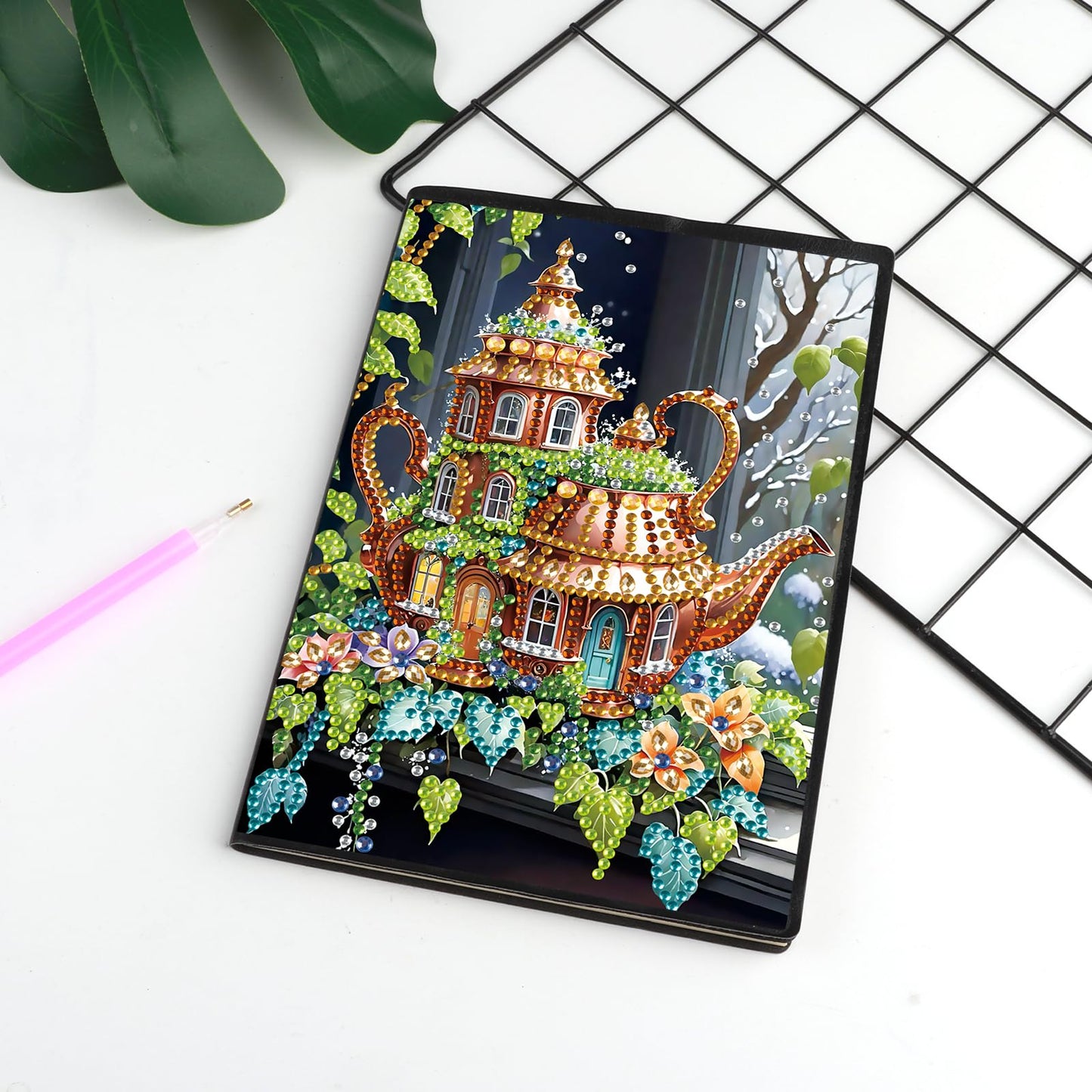 JISHSHAY Diamond Art Notebook Journal Diamond Painting Note Book Gem Art Sketchbook Gem Painting Blank Notebook Mosaic Kits for Adults Diary with Special Shape Drills 14.5×21cm/5.7×8.26in Teapot House