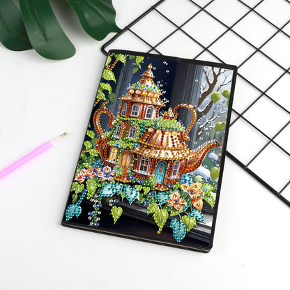 JISHSHAY Diamond Art Notebook Journal Diamond Painting Note Book Gem Art Sketchbook Gem Painting Blank Notebook Mosaic Kits for Adults Diary with Special Shape Drills 14.5×21cm/5.7×8.26in Teapot House