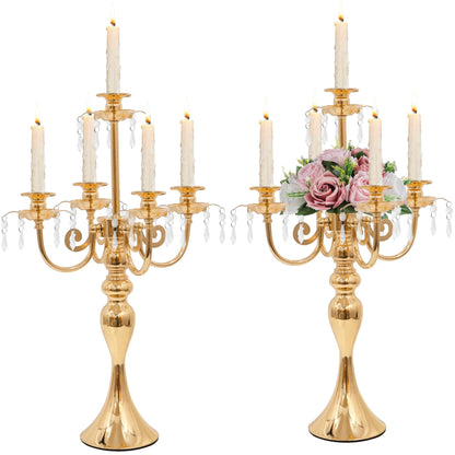 5 Arm Black Candelabra Centerpiece for Table, 20.3” Tall Metal Candlestick Candle Holder for Taper Candles, Gothic centerpieces for Tables, Wedding, Party, Reception (Gold, 2pcs)