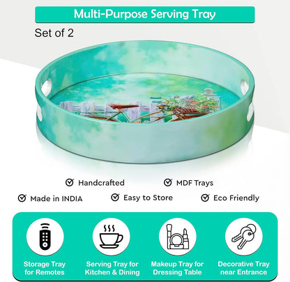 Set 2 Counter Crocon Round Wooden Ottoman Trays with Handles of Cycle Printed Farmhouse Decorative Serving Trays