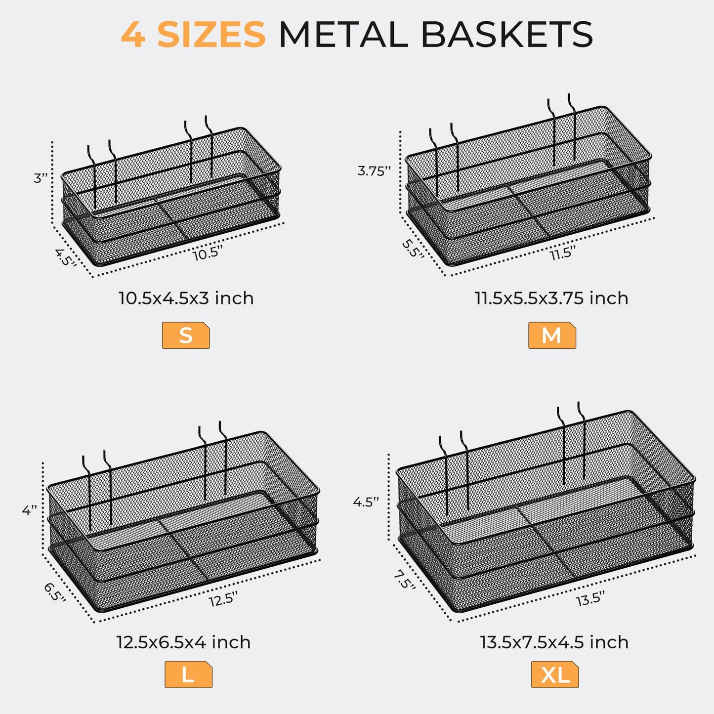 INCLY 4 Pack Upgrade Pegboard Baskets, 4 Sizes Square Style Metal Mesh Pegboard Baskets and Bins, Peg Board Organizer Accessories for Garage Craft Room Office Kitchen