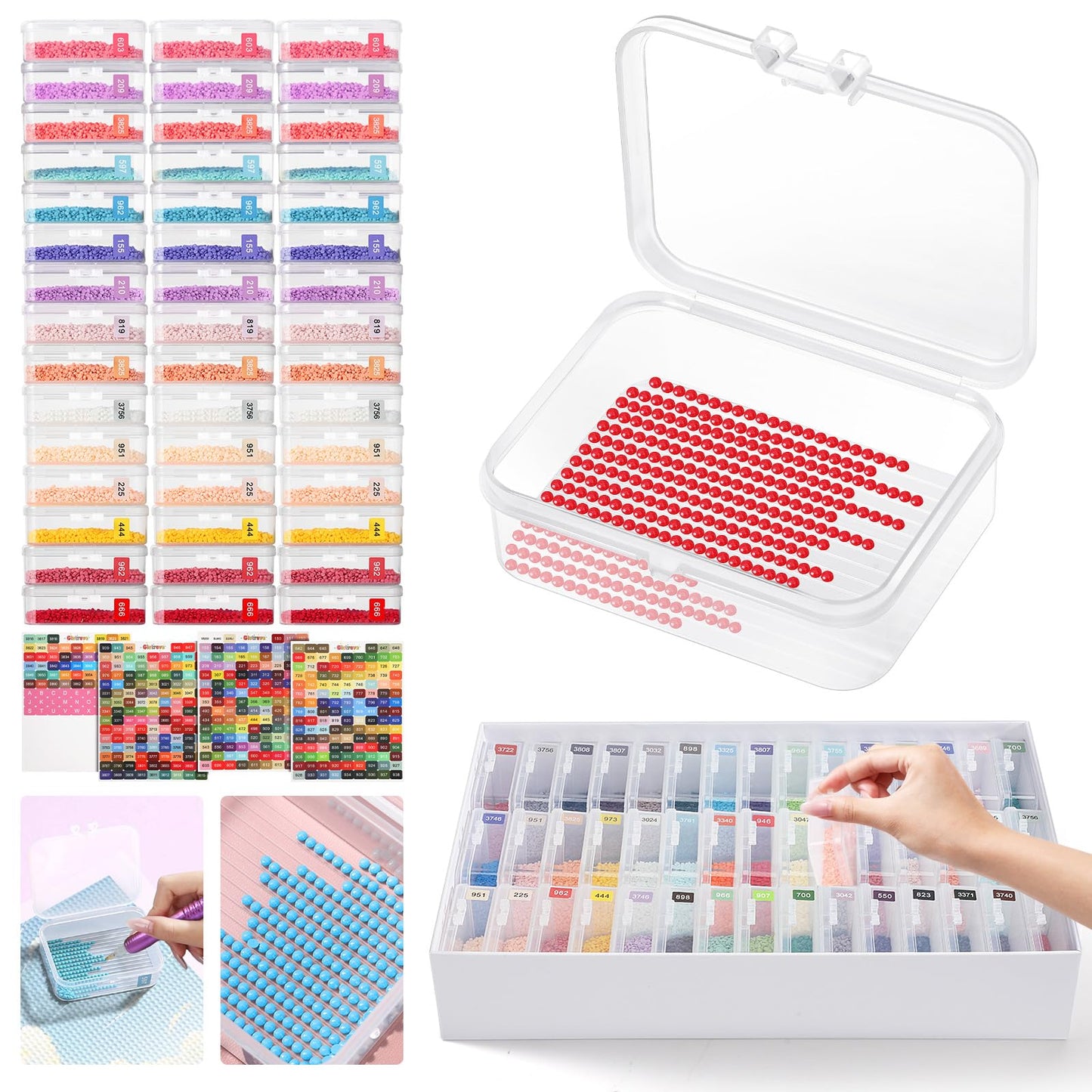 Glotrove Diamond Art Storage Containers Trays, 45pcs Diamond Painting Trays with Lids, 2-in-1 Beads, Gems & Drills Storage and Line-Up Accessories for Diamond Painting