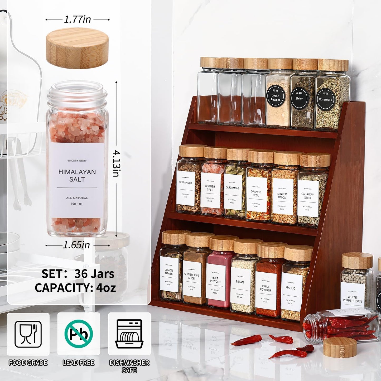 DWTS DANWEITESI 36 Pcs Glass Spice Jars - 4oz With Bamboo Lids, Empty Bottles With Labels, Kitchen Spice Jars With Shaker Lids
