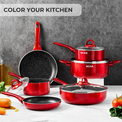 Induction Cookware Pots and Pans Set 10 Piece, BEZIA Dishwasher Safe Nonstick Cooking Pans, Stay-Cool Bakelite Handle, Scratch Resistant Kitchen Sets with Frying Pans, Saucepans & Stockpot (Red)