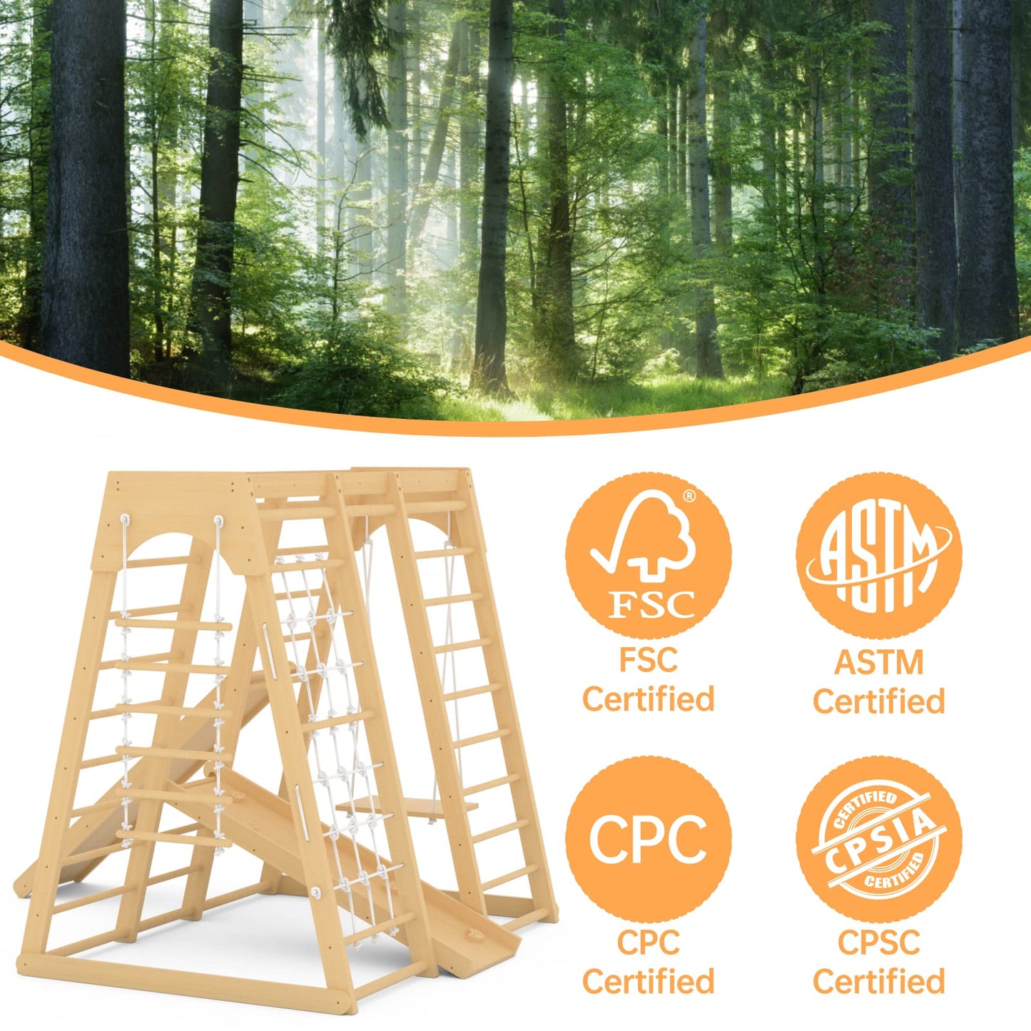Toddler Jungle Gym, 66" Indoor Playground Set with Swing, Rock Climb Wall, Slide, Monkey Bars, Wood & Rope Ladder, Rope Wall Ladder for Kids 1-8yrs